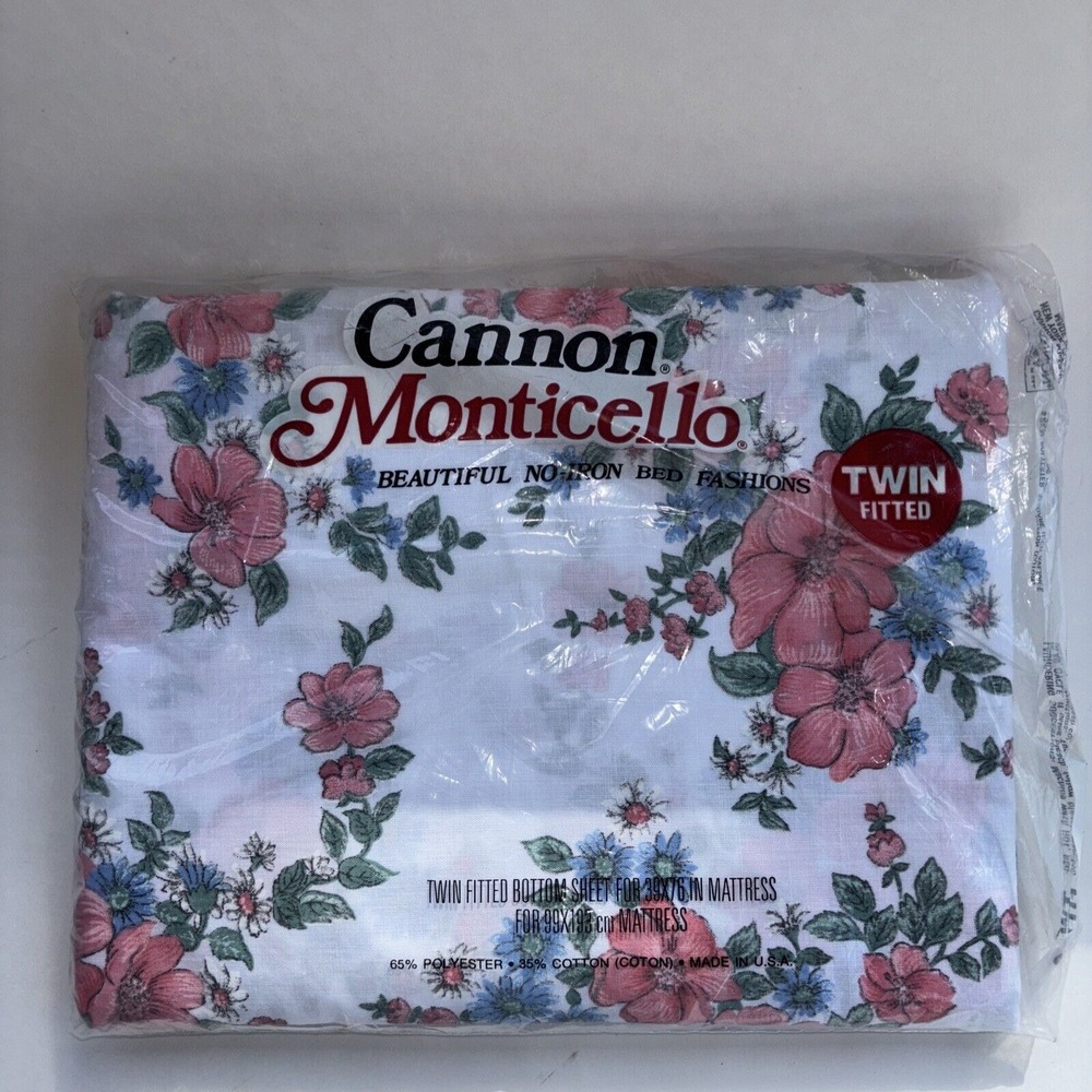 Vintage Cannon Monticello No-Iron Twin Fitted Sheet Floral Print Poly Cotton